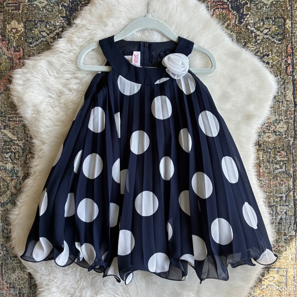 Jessica Ann Toddler Girls Navy Polka Dot Pleated Dress 18 Months Rosette Special